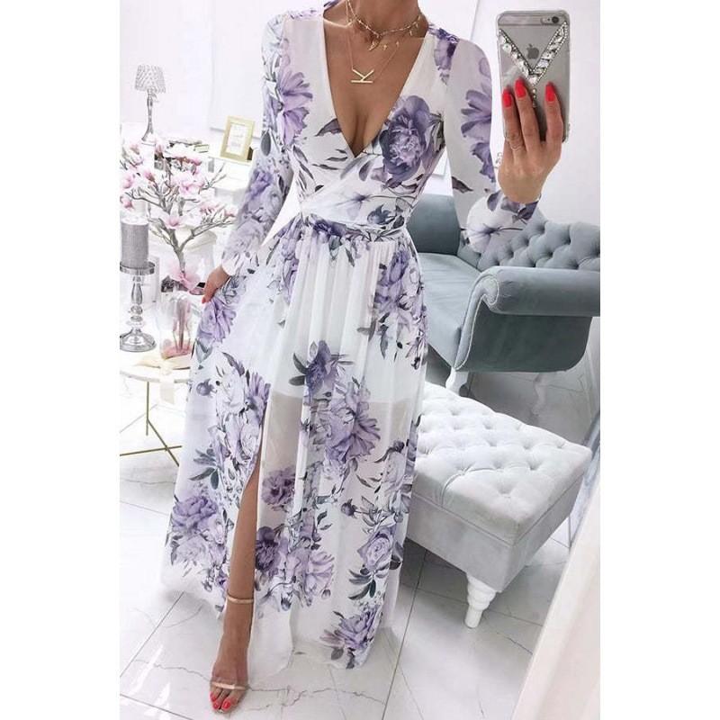 Women's V Neck Printed Mid Waist Pullover Casual Loose And Thin Temperament Dress