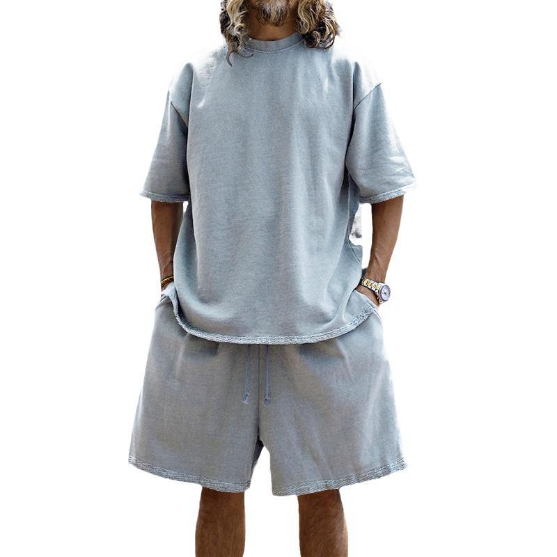 European Plus Size Casual Men's Set: Loose Short Sleeve T-shirt & Solid Color Shorts
