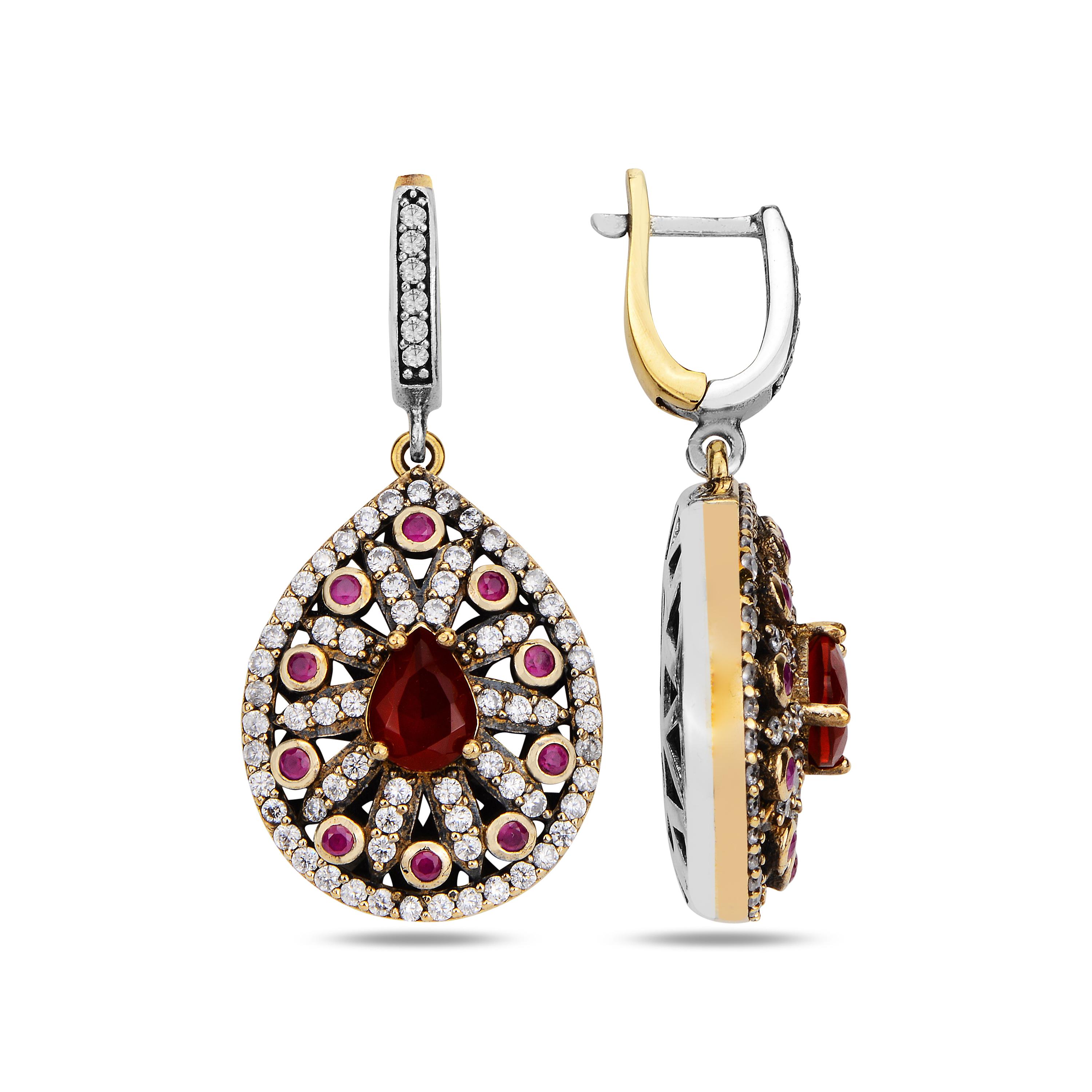 

Висячі срібні сережки з рубінами 925 К, сережка в османському стилі, турецькі прикраси ручної роботи, елегантний подарунок для жінок срібний