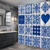 Blue White Tile Pattern Shower Curtain Machine Washable All Season Waterproof Privacy Protection Mediterranean Design Elegant