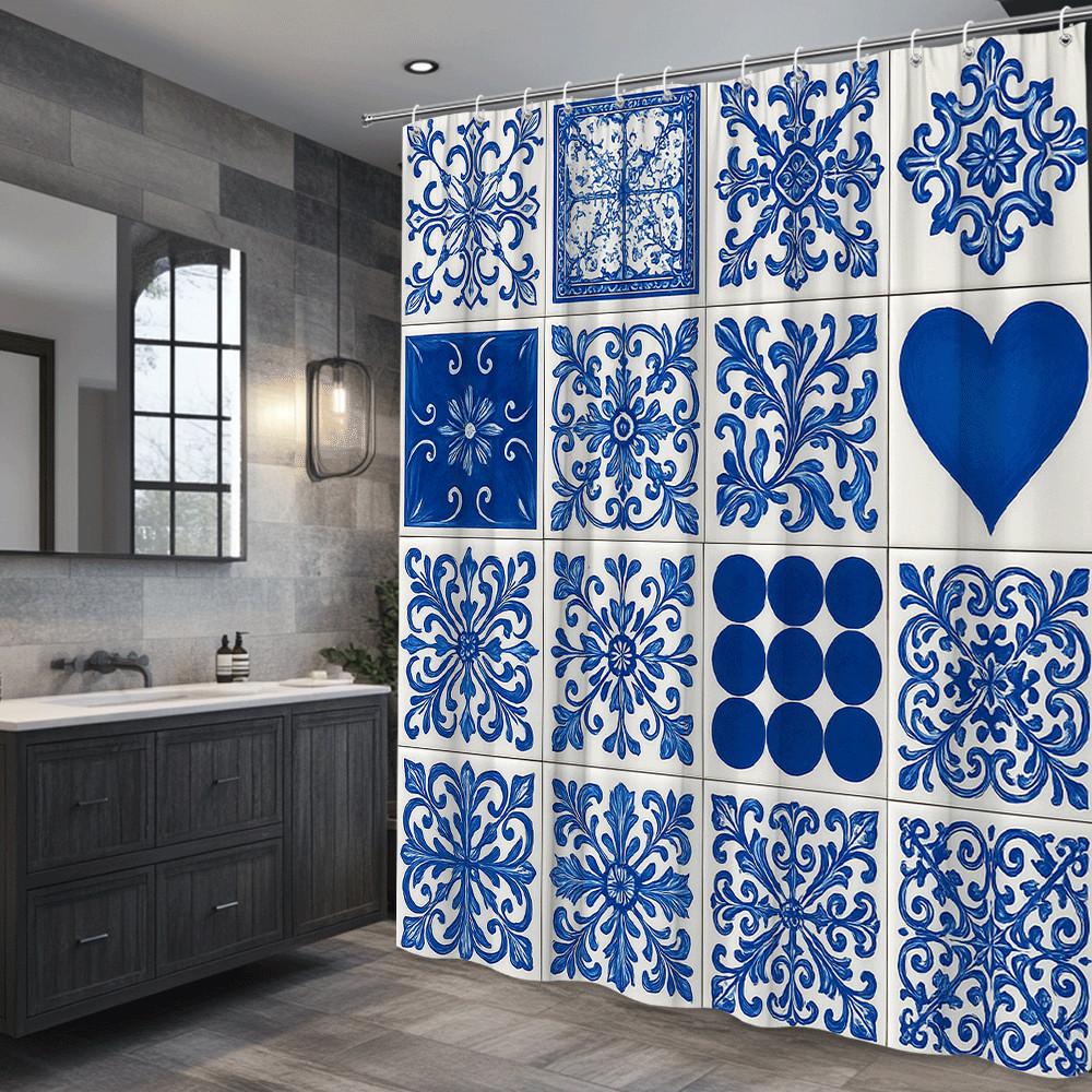Blue White Tile Pattern Shower Curtain Machine Washable All Season Waterproof Privacy Protection Mediterranean Design Elegant