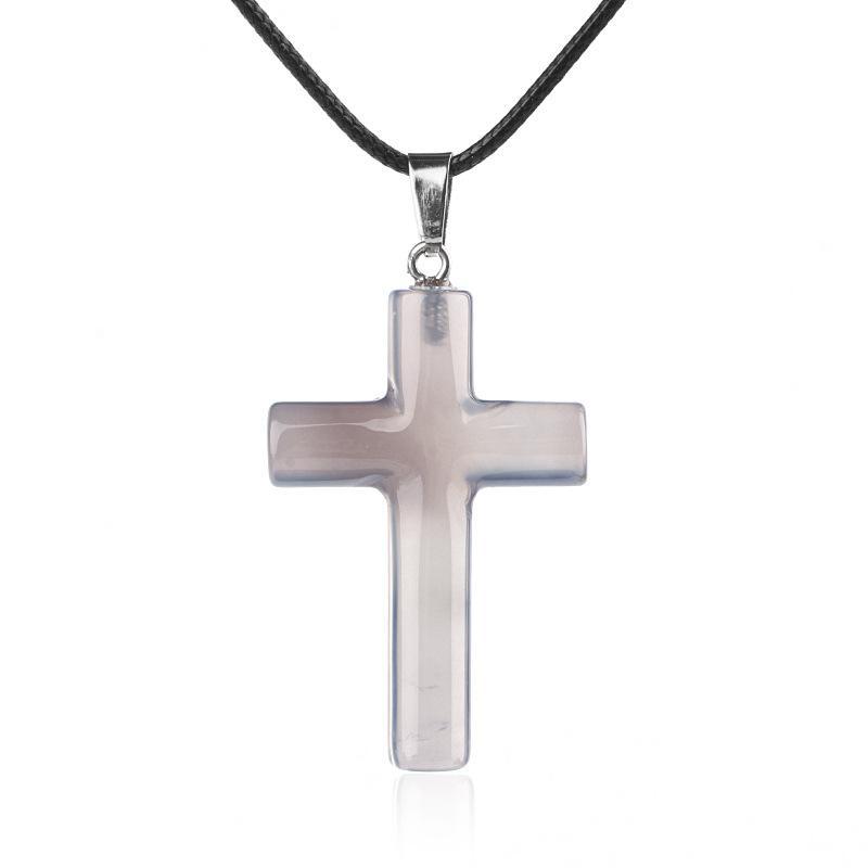 1Pc Handmade Carved Cross Natural Stone Pendant Necklace For Women Men Healing Chakra Crystal Charms Choker Jewelry