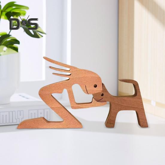 Hund Holzskulptur Haustier Gedenkgeschenk Hund und Mann Frau Statue Wohndekoration Welpe Familienfigur Geschenke für Hundeliebhaber