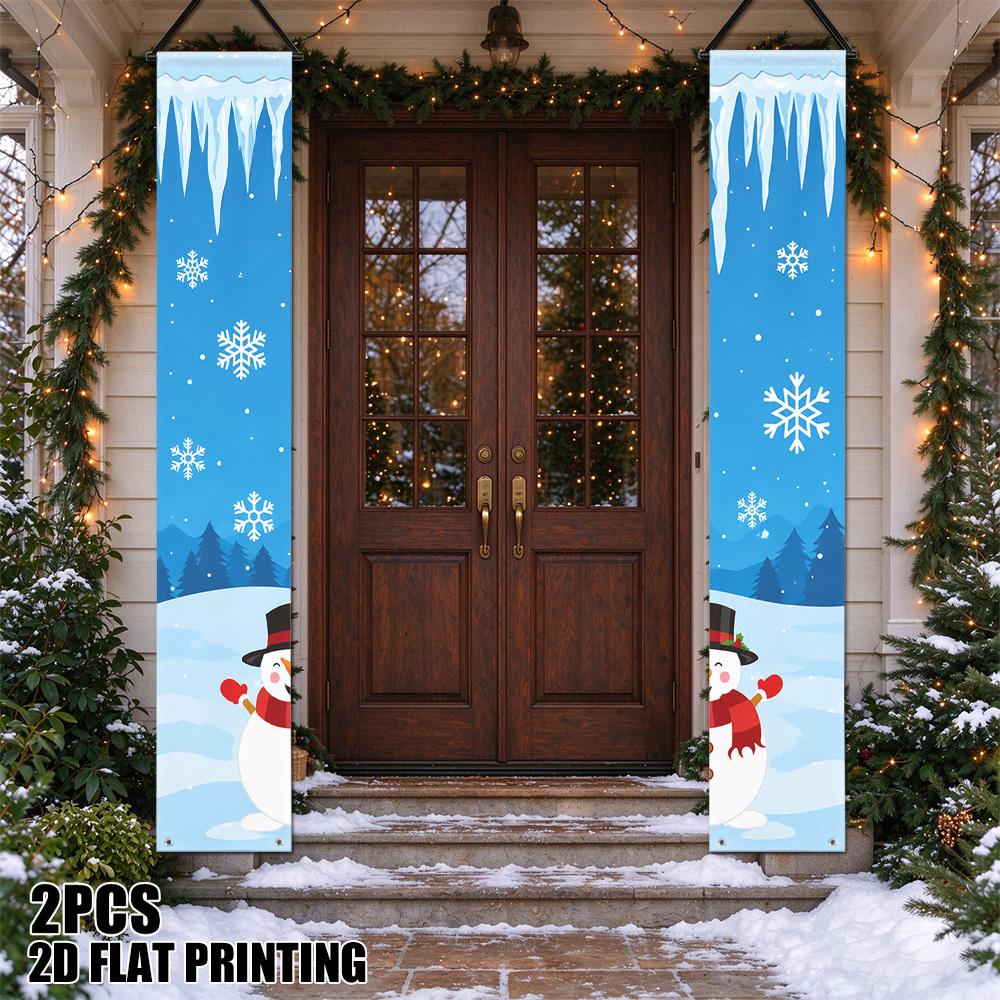 2D Flat, 2D Flat - 2D Flat, 2D Flat - 2D Flat Printing 2pcs Snowman Winter Greeting Porch Banner, Porch Signs for Indoor Outdoor Entryway Wall Decorat