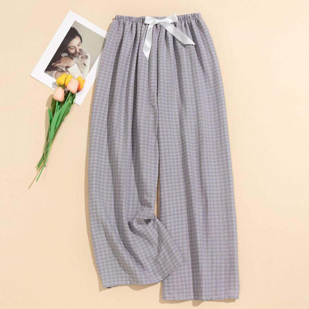 Women's Summer Plaid Wide-Leg Cotton Pajama Pants - Yarn-Dyed, Plus Size, Suitable for Outdoor Wear