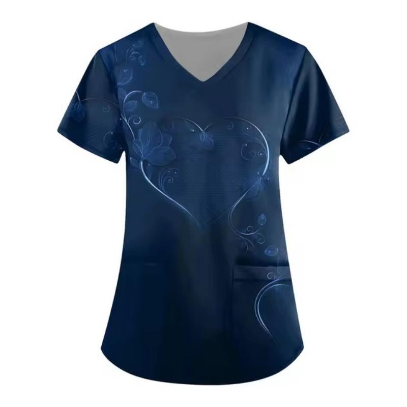 Damen Schwesternuniform Sternenmuster 3D-Druck V-Ausschnitt Tasche Medizinische Uniformen Mode Pflege-Scrubs Uniform Damen Arbeitskleidung