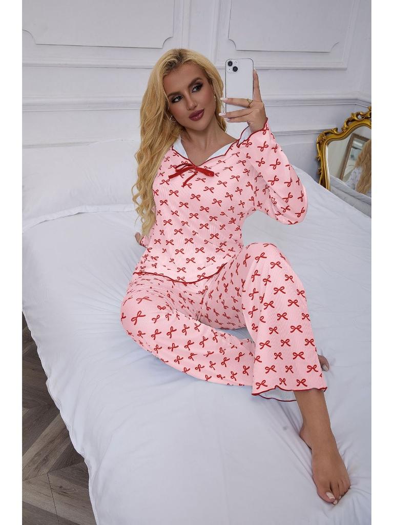 Women's Long-Sleeve Long-Pants Pajama Set with Small Collar Ribbed Texture and Bow