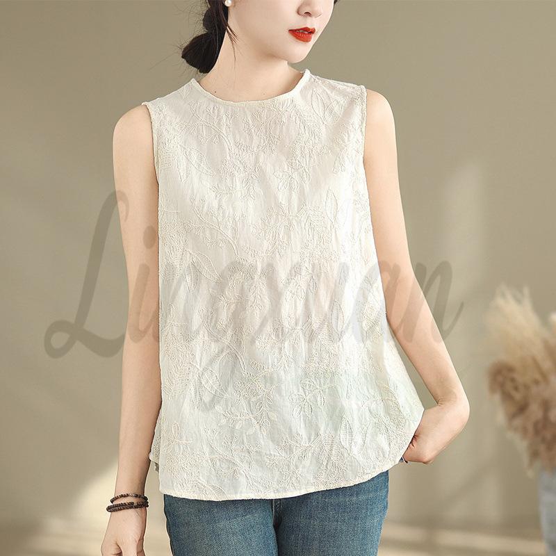 Beige Sleeveless Women s Top - Embroidered Cotton Vest in New Chinese Style XL бежевый