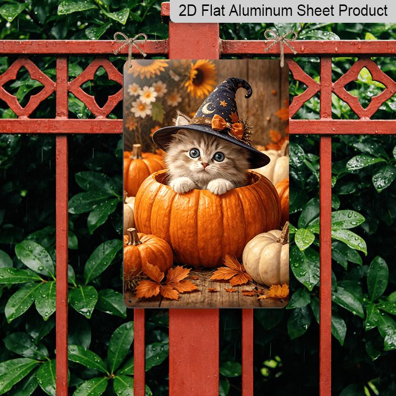 2D Flat, 1pc Autumn Maple Witch Kitty Aluminum Sign, Pumpkin Decorative Sign, Fun Decor, Halloween Artwork Wall Decor, Modern Wall Art, for Living