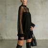 Semi-sheer Mesh Mini Dress Long Sleeve Loose Fit Casual Women