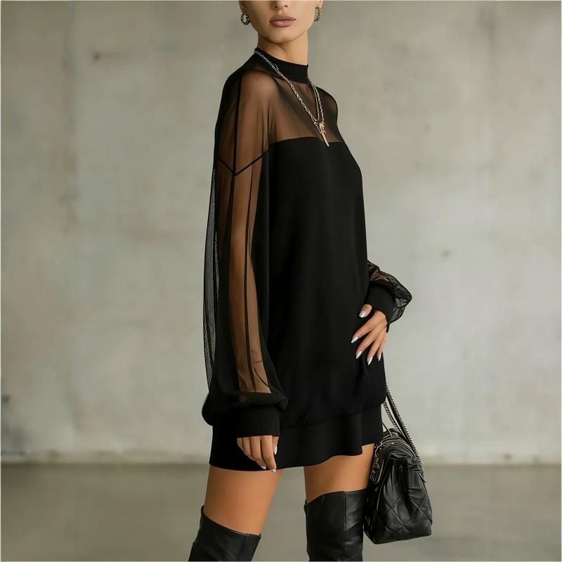 Semi-sheer Mesh Mini Dress Long Sleeve Loose Fit Casual Women