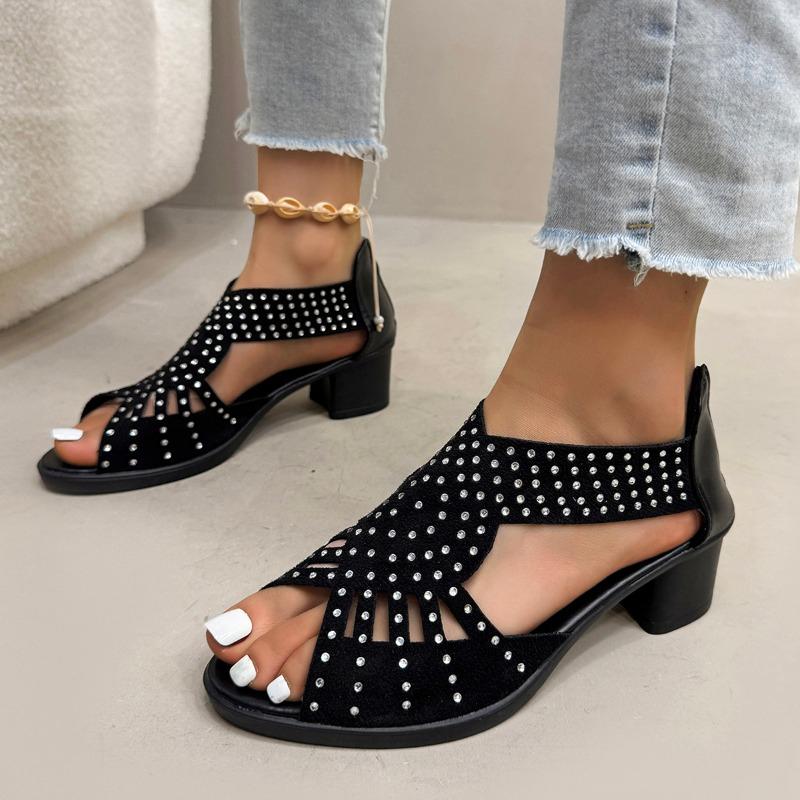 Fashion 2025 Summer New Peep Toe Women's Cover Heel Sandals Outdoor Crystal Back Zip Chunky Heels Sandal for Retro Daily Office & Career