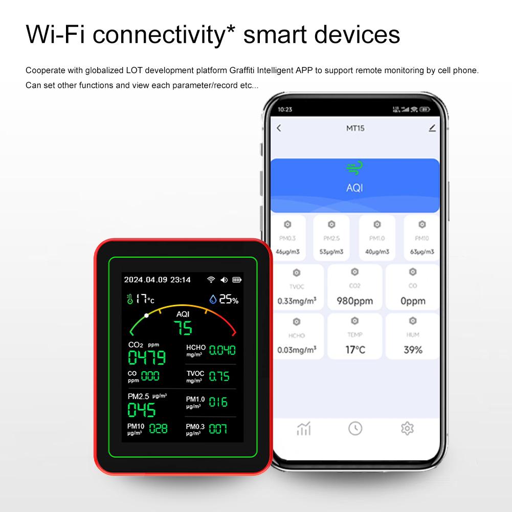 WiFi 15-in-1 Portable AQI PM0.3 PM1.0 PM2.5 PM10 Tester TFT Display Household CO CO2 TVOC HCHO Tester APP Control CO2 Detector