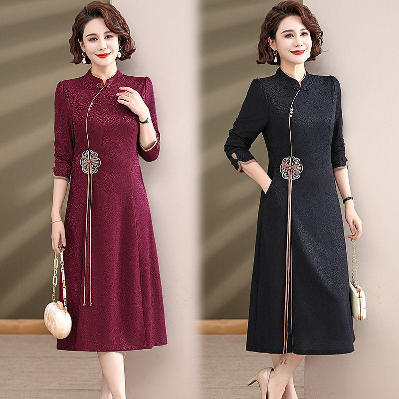 Autumn Mid-Length Embroidered Dress for Middle-Aged Women