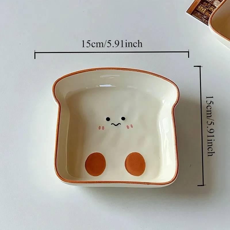 1 Cute Toast-Shaped Ceramic Plate Korean Ins Cartoon Tableware For Home Afternoon Tea Dessert Cake Snack Plate