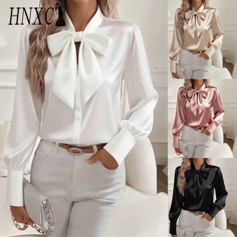 HNXC Women's Fashion Casual Solid Color Print Long Sleeve POLO Neck Blouses & Shirts