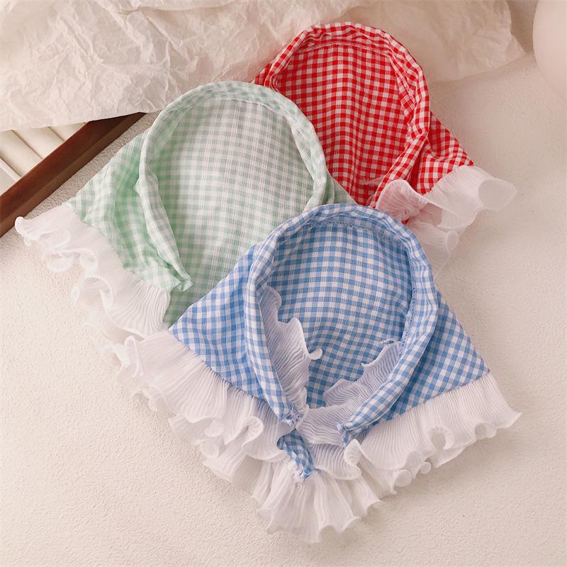 Pañuelo Triangular de Encaje a Cuadros de Campo Francés - Accesorio para el Cabello con Vibras Playeras para Mujeres