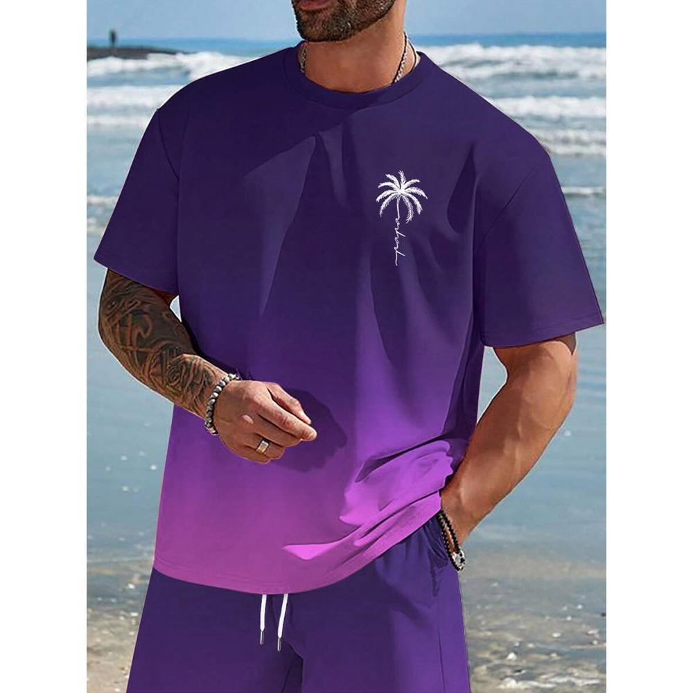 Sommer Freizeit Farbverlauf Kurzarm Oberteil Hawaiianische Herrenmode T-Shirt Outdoor Strandshorts Zweiteiliges Set
