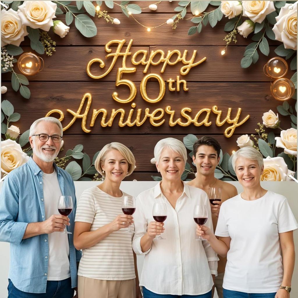 Happy 50th Anniversary Decorations Banner, 50th Wedding Anniversary Party Decoration Floral Backdrop, Celebration Golden Wedding Birthday Party