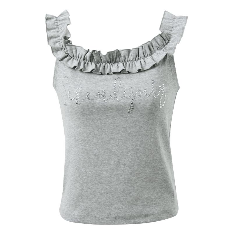 Sancai Ruffle Off-Shoulder Letter T-Shirt S