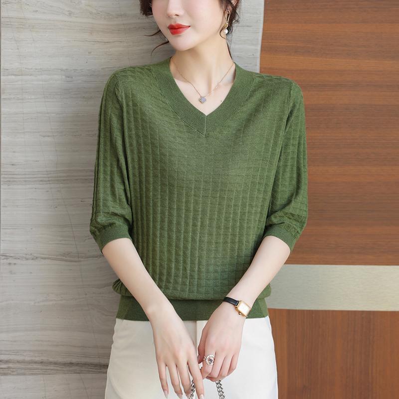 V-Neck Knitted Top Women's 3/4 Sleeve Thin Spring/Summer Orange Shirt Premium Mom Half Sleeve T-shirt
