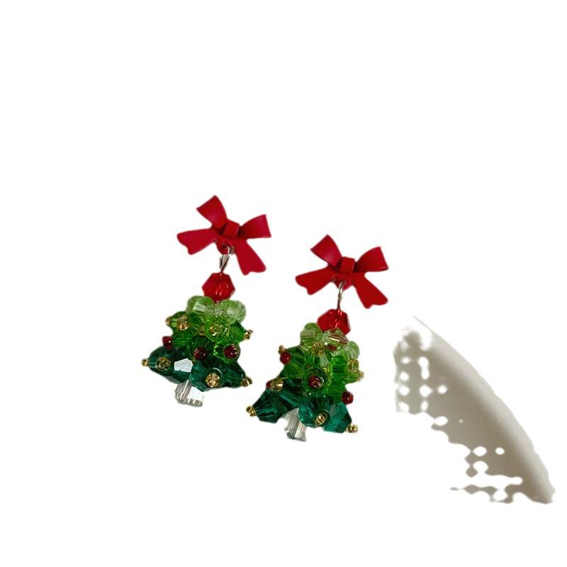 3D Christmas Tree Earrings with Red Bow - Heavy Beaded Crystal Ear Clips, Hand-Woven Holiday Accessories