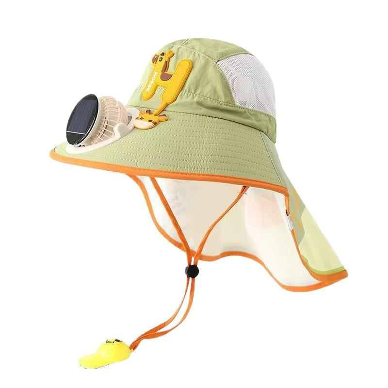 Kids Wide Brim Sun Hat Solar Rechargeable Fan Neck Flap Uv Protection For Summer Beach Activities