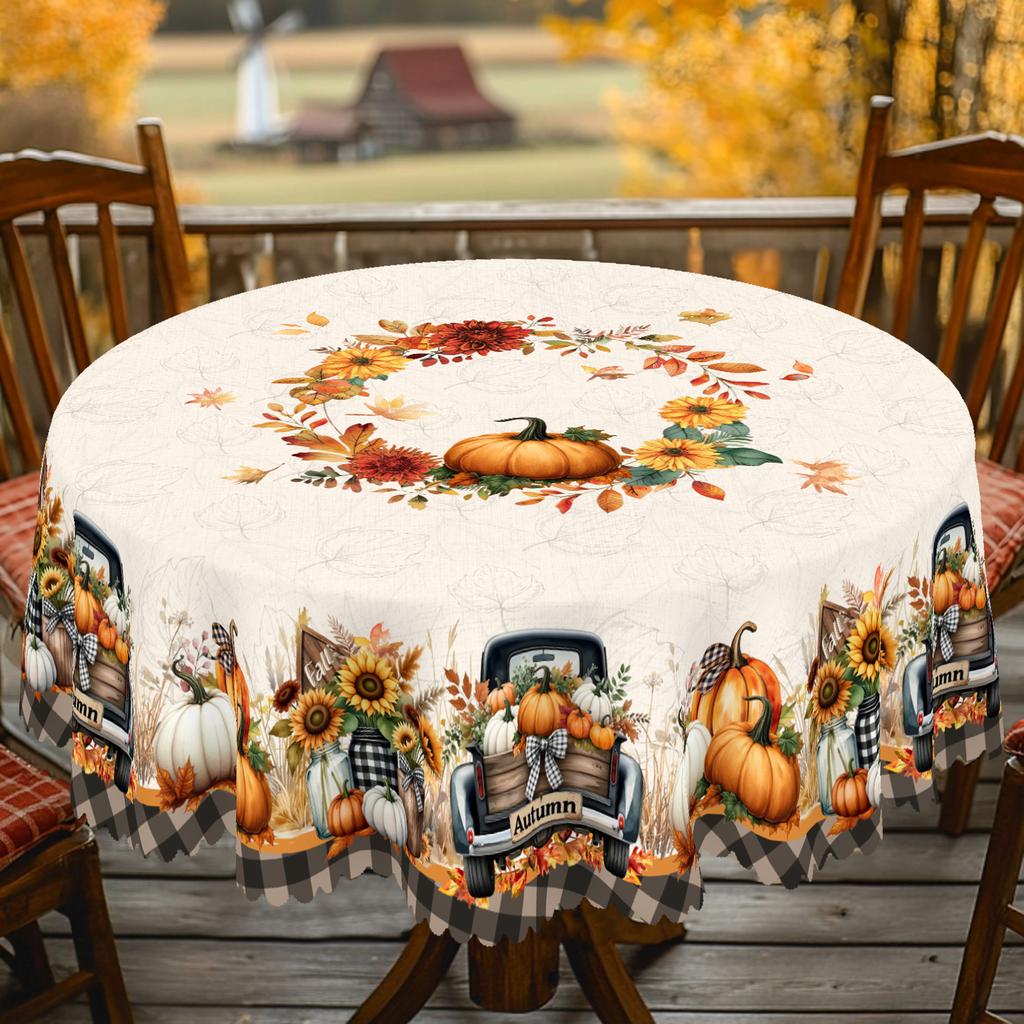 1 Piece Of Thanksgiving Pumpkin Theme Round And Rectangular Tablecloth, Various Sizes, Autum Pumpkin And Fallen Leaf Pattern Printed Plaid Tablecloth,