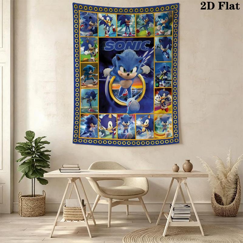 Sonic Collage Photo Wall Tapestry Multi Scene Character Grid Print Inspirational Quote Hanging Cloth Game Room Wall Decor