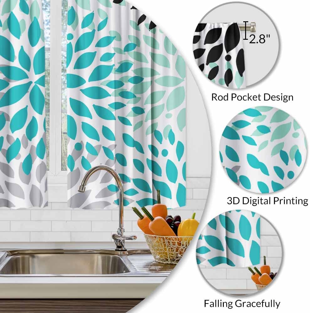 Flower Pattern Kitchen Curtains Abstract Floral Green Grey Black Petals Art Design Short Tier Curtains for Bathroom Cafe Small W