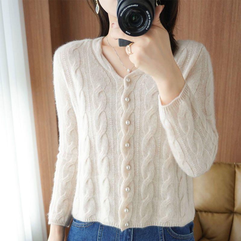 

Кардиган, свитер, женский весенне-осенний шерстяной свитер с длинным рукавом и v-образным вырезом, однотонное короткое пальто, свитер, кардиган, женские топы One Size бежевый