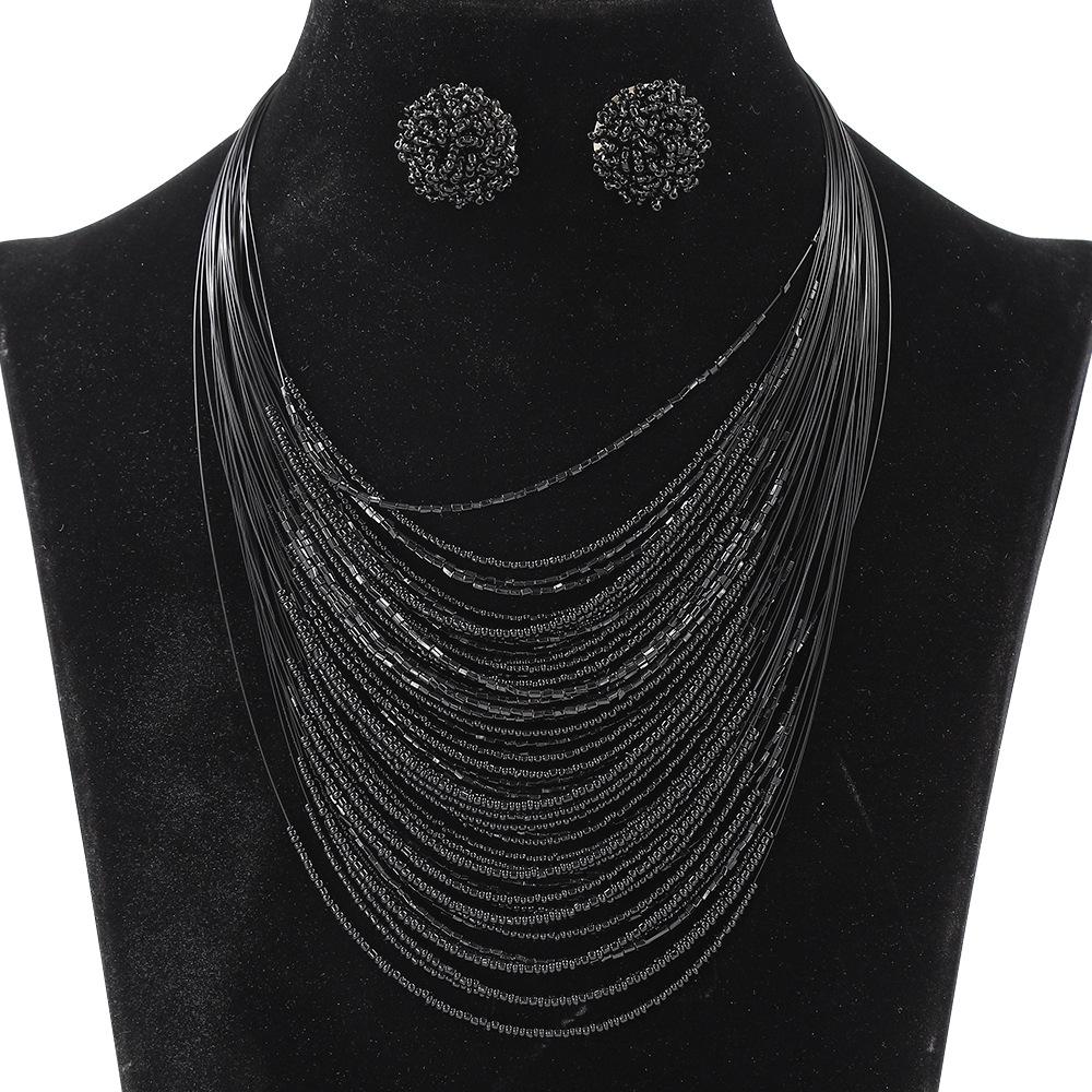 Bohemian Multi-Layer Rice Bead Necklace Earrings Set Retro Ethnic Style Sweater Chain Women'S Multi-Layer Jewelry