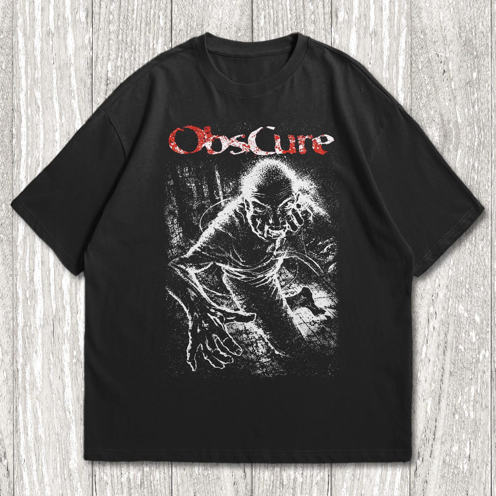 Obscure Horror T-Shirt | Creepy Monster Graphic Tee | Gothic Grunge Alt Clothing | Heavy Metal Aesthetic Shirt | Dark Art Distressed Tee S
