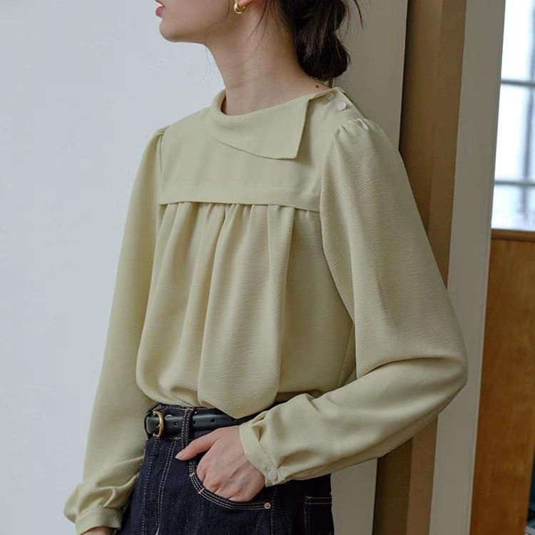 Französisches Retro Aprikosenfarbenes Plisseehemd mit schrägem Revers - Damen Herbst Langarm