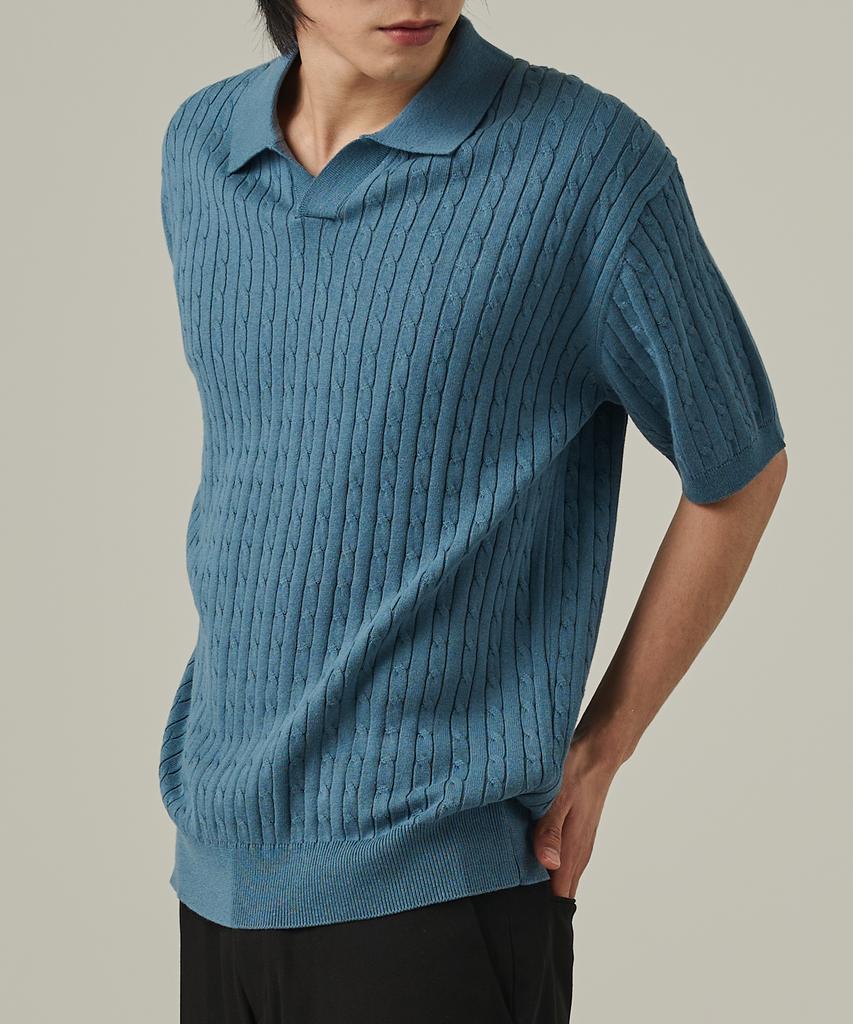 ANALOG MOOD Cable Open Collar Short Sleeve Knit (Blue)