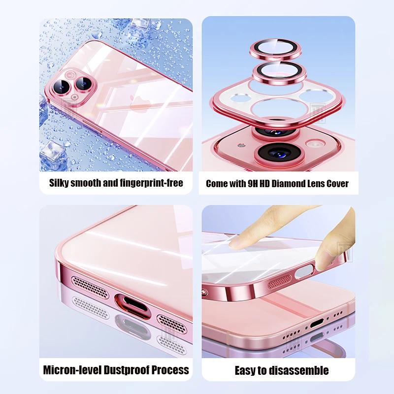 New Ultra Thin Transparent Comes with Lens Film Phone Case for iPhone 16 15 14 13 12 11 Pro Max 16 Plus Plating Shockproof Cover