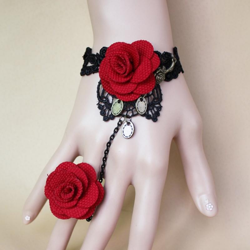 Rose Lace Hand Chain Ring Bracelet Chain Tassel Coins Finger Bracelet Sweet Hand Jewelry for Women and Girls Gifts