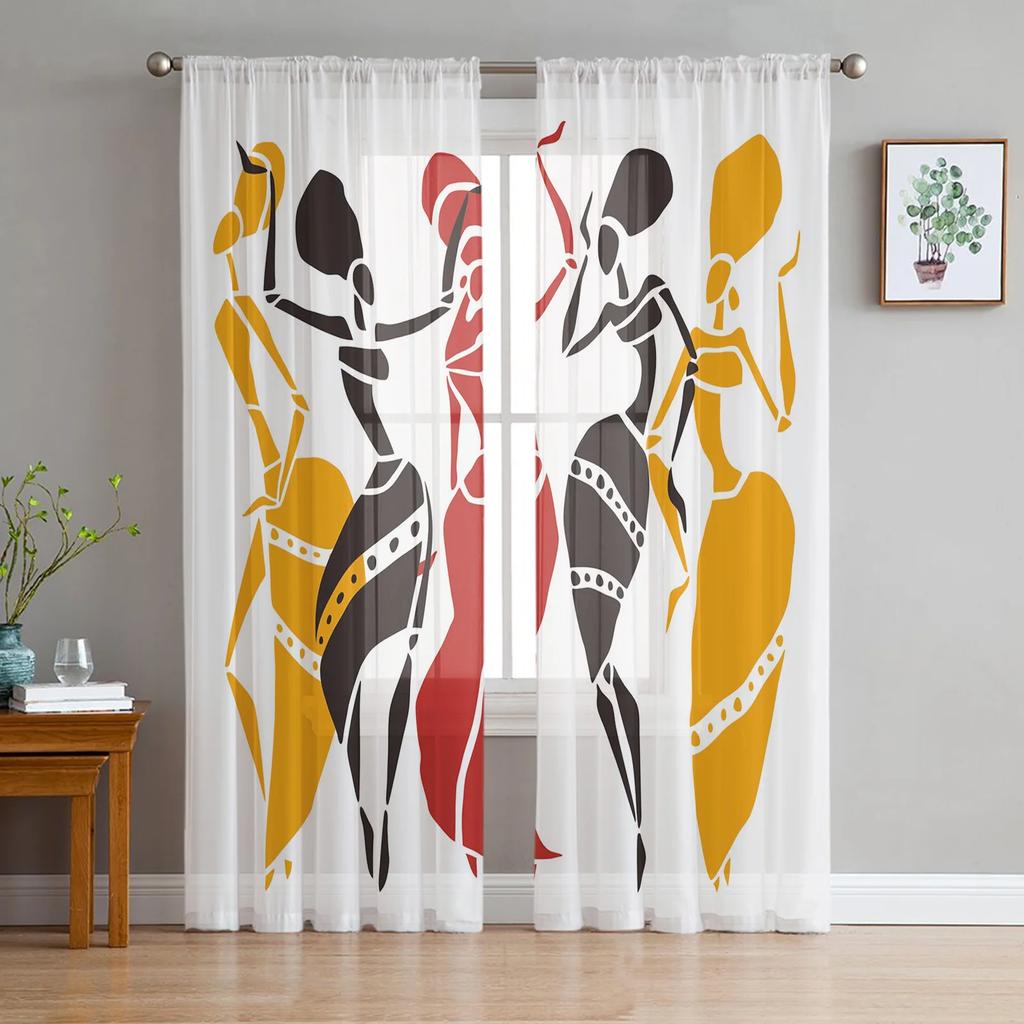 African Woman Yoga Vase Silhouette White Tulle Sheer Window Curtains for Living Room Bedroom Voile Organza Curtains Drapes
