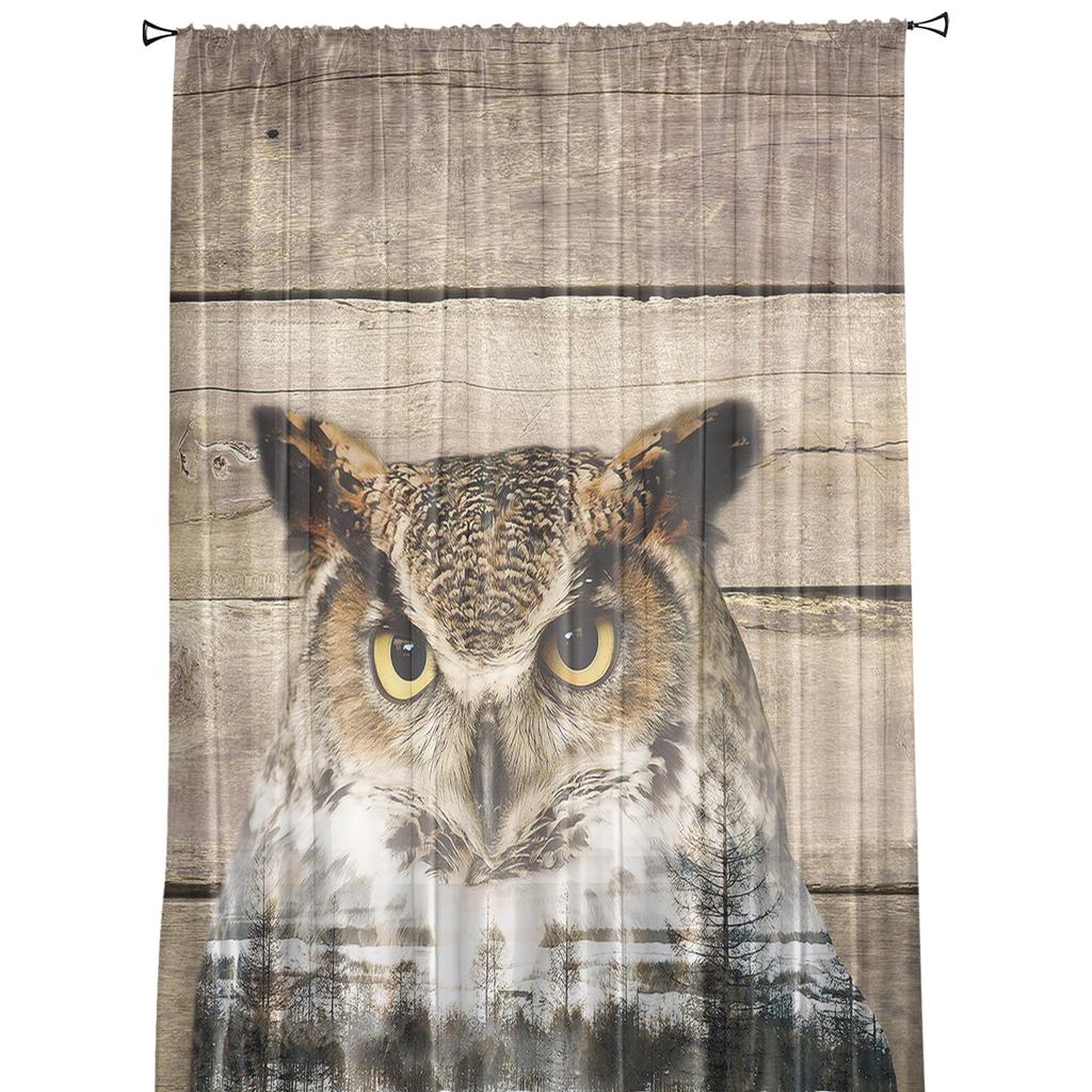 Antique Wood Owl Forest Curtain For Living Room Transparent Tulle Curtains Window Sheer For The Bedroom Accessories Decor