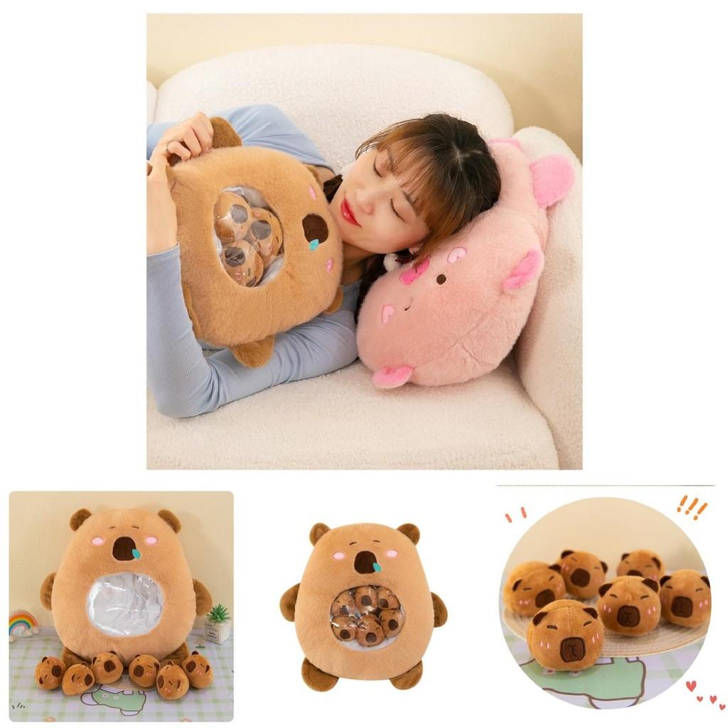 Cute Capybara Stuffed Toy Pillow Bag With Six Mini Plushies Stress-relief Dolls