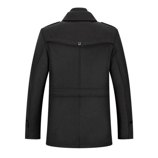 Men Woolen Coat Double Stand Collar Long Sleeve Single-Breasted Solid Color Jacket with Pockets Autumn Winter Mid-length Outwear