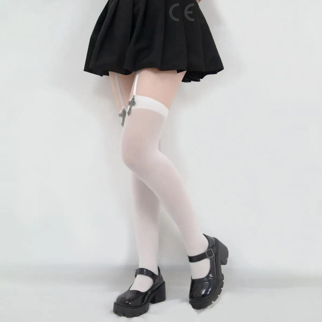1/2pairs Gothic Cross Decoration Tight for Women Stockings Solid Color Thin Thigh High Lolita Over Knee Stockings