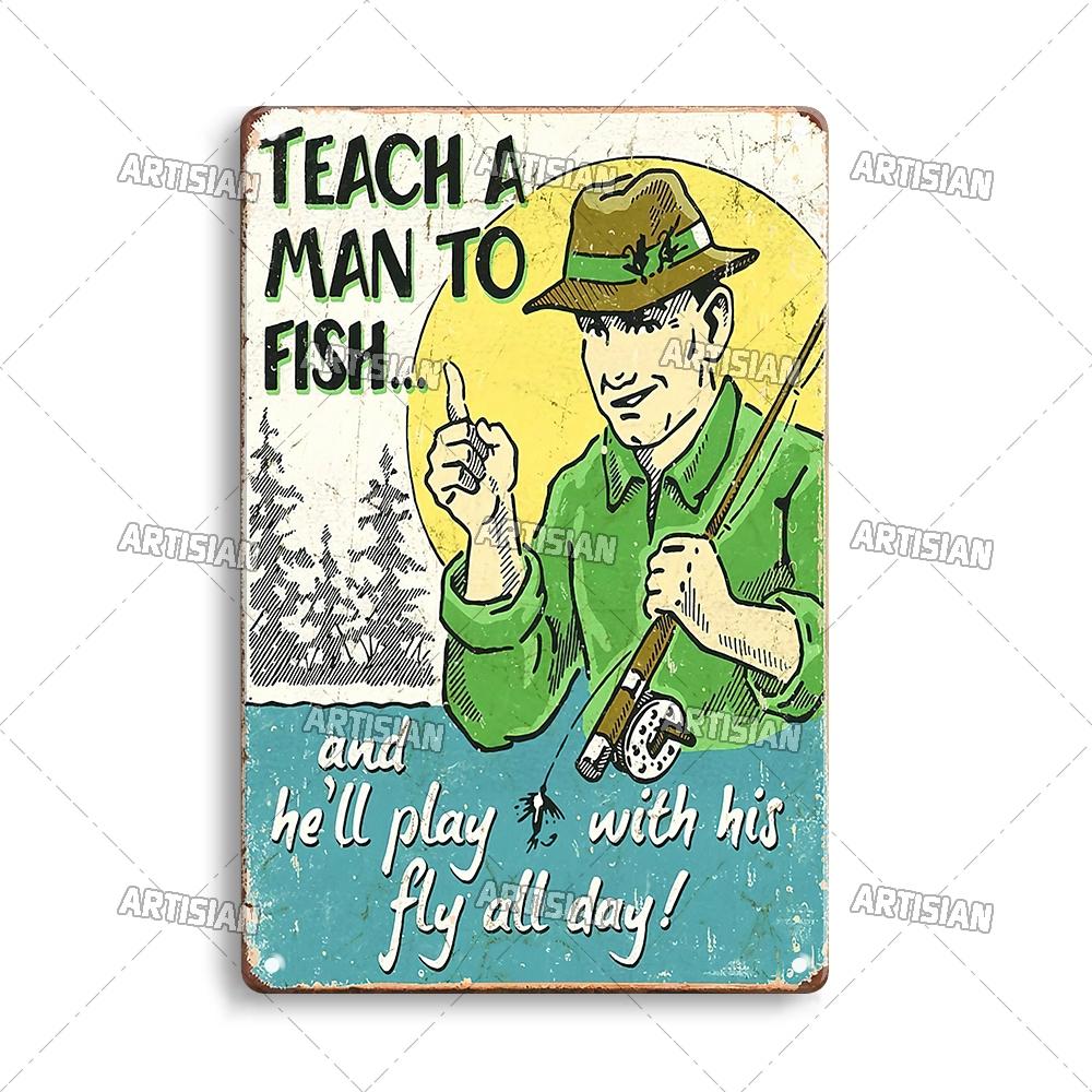 Artisian Fishing Metall-Poster, Sport, Weißblech, Köder, dekoratives Schild, Wanddekoration, Garage, Bar, Pub, Club, Hotel, Café, Küche, Zuhause