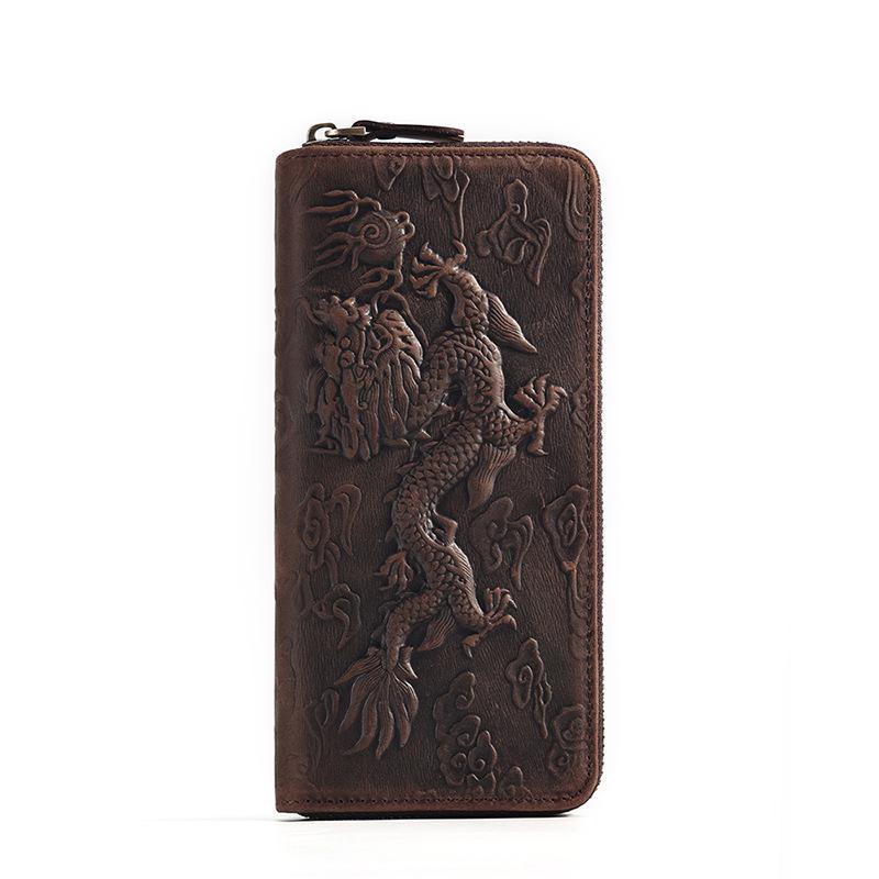 Men's Genuine Leather Long Wallet with Multi-Card Slots and Coin Purse, National Style, Large Capacity Clutch