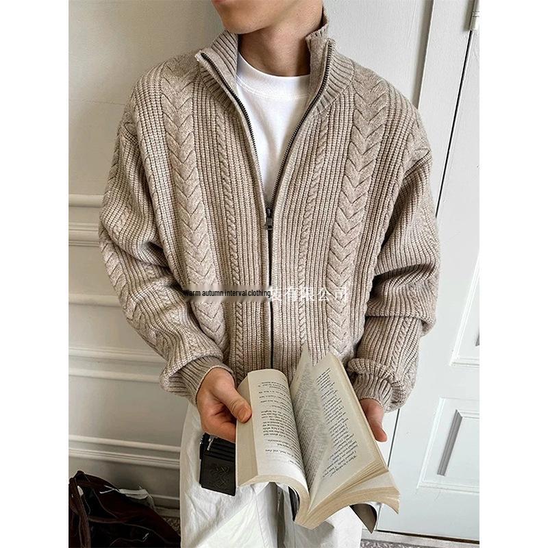 Мужской хаки кардиган-свитер с косами и воротником-стойкой M