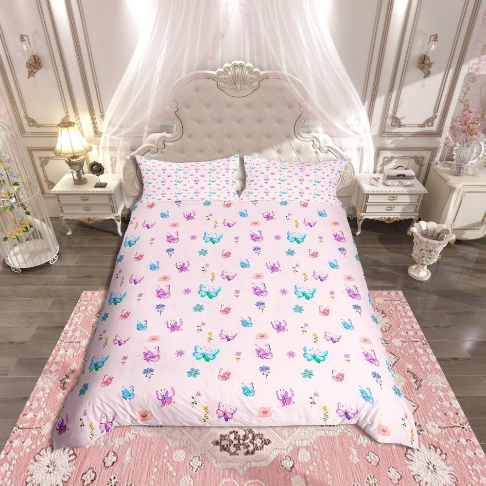 Homewish Blue Pink Butterfly Duvet Cover Set,Romantic Dreamy Animal Bedding Set,Teens Girls Kids Female Reversible Bed Set