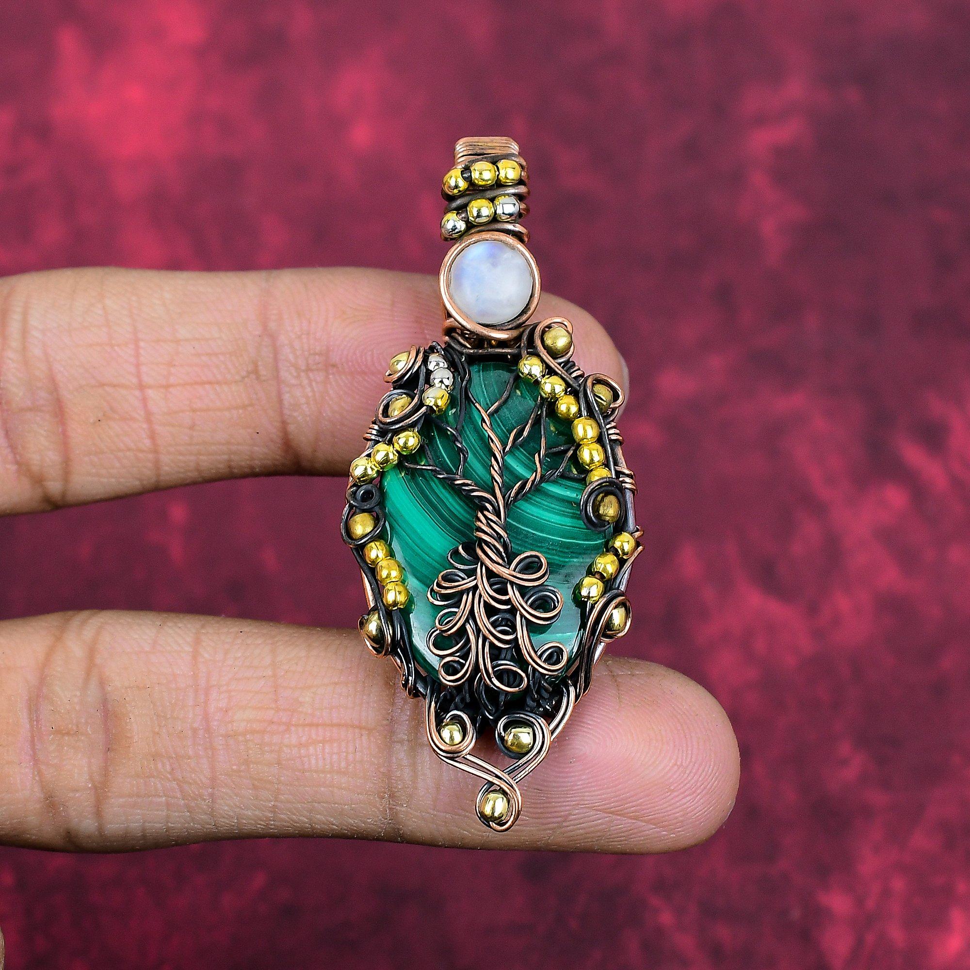 Tree of life malachite pendant copper wire wrapped pendant rainbow moonstone pendant gemstone copper jewelry handmade pendant gifts for wife