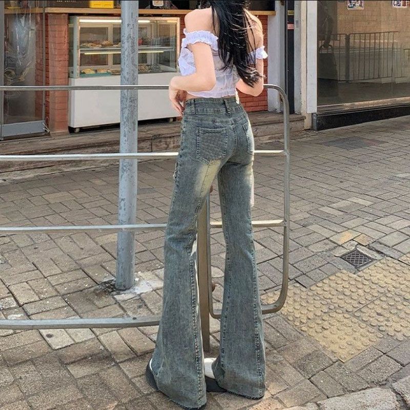 Design Sense Slightly Flared Jeans Women Double Buckle High Waisted Yard Stretch Slim Horseshoe Flare Trousers Tide Jeans for Women Long Denim Pants