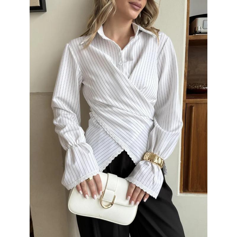 Women Vertical Stripes Cross Shirt Long Sleeve Cardigan Blouse Slim Fit Casual Spring Autumn Casual Lace Tops Fashion Elegant Tops