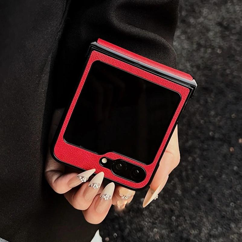 For Samsung Z Flip 5 6 7 Leather Case Pure Color 3 In 1 Hinge Protection Shockproof Cover for Samsung Galaxy Z Flip 3 4 5 6 7